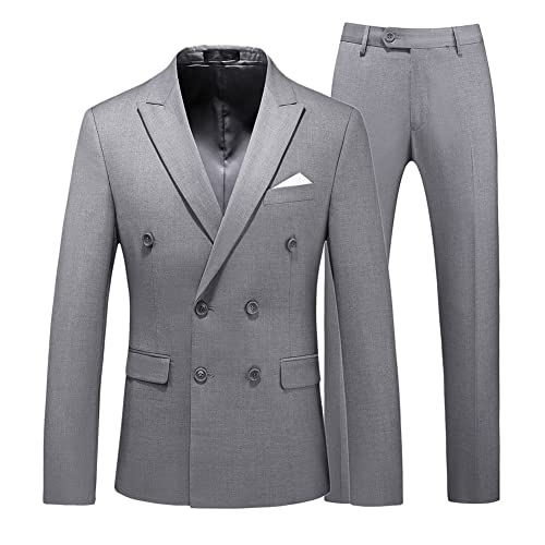 YOUTHUP Men's 2 Piece Suits Double Breasted Formal Slim Fit Suit Peak Lapel Blazer and Trousers, Grey, M