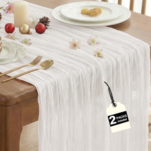 IVAPUPU 2 Pcs Cheesecloth Table Runner - 10ft Ivory White Spring Boho Gauze Cheese Cloth Table Runners for Baby Shower Decorations Wedding Party Garden Farmhouse Decor