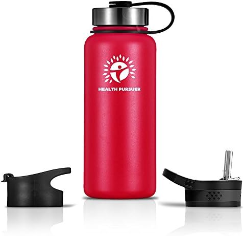 Stainless Steel Water Bottle/Thermos: ​40 Oz.​ Double Walled Vacuum Insulated Wide Mouth Travel Tumbler, Reusable BPA Free Twist Lid Bottles for Hot or Cold Liquid: Bonus Flip & Straw Lids - ​Red