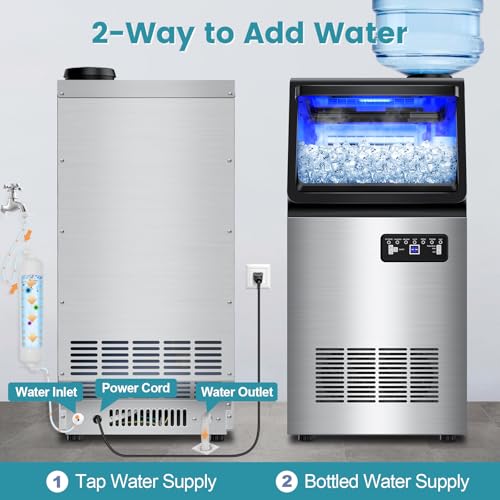 Image of Commercial Ice Maker Machine 150LBS /24H, Dual Water Inlet Options, Stainless Steel Air Cooled Freestanding /Under Counter Ice Maker Smart LCD, Self-Cleaning, Quiet for Home, Bar, Restaurant