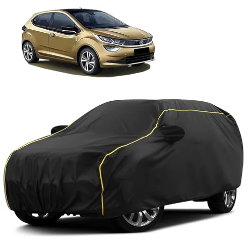 Image of Sulfar 100% Water Resistant Car Body Cover Compatible with Mirror for Tata Altroz (Triple Stitched, Full Bottom Elastic, Black Taffeta with Yellow Piping)
