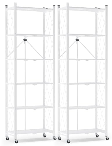 Image of ALANNG 73.6 Inch Folding Bookshelf, 6 Tier Metal Bookcase and Bookshelves | Tall Shelves for Living Room Office Bedroom, Heavy Duty Book Shelve Free Standing Open (White, 2PACK)