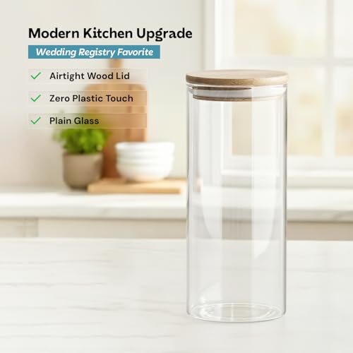 Image of amazon basics Set of 6 Large Borosilicate Glass Jars with Airtight Bamboo Lids | 1000ml Wide Mouth Kitchen Containers for Flour Rice Pulses | BPA-Free Food Grade Storage Canisters