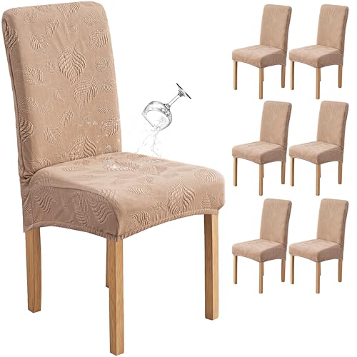 Image of Genina Waterproof Dining Chair Cover Set of 6,Kitchen Chair Cover,Khaki | Stretch Dining Room Chair Slipcovers with Leaf Jacquard,Removable Kitchen Chair Protector for Home,Restaurant,Banquet