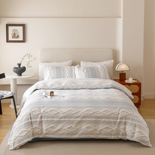 Image of KAREVER Ivory Blue Boho Comforter Set Twin Mixed Textures Jacquard Bedding Set Durable Chic and Stylish Bedroom Set