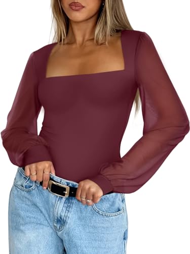 Image of PINKMSTYLE Women's Square Neck Double Lined Mesh Long Sleeve Bodysuits | Sheer Puff Sleeve Body Suit,Slim fit Trendy Going Out Tops,Concert Outfit