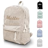 Personalised Kids Backpack with Name Embroidery, Customized Corduroy School Backpack Rucksack Casual Daypack for Boys & Girls, Custom Children Primary School Bag (Khaki)