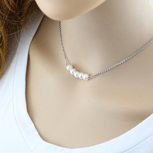 Minimalist Birthstone Five Pearl Necklace - Silver Filled Simple Genuine 6.0 Mm Ivory Potato Pearl Wedding Choker Necklace Tiny Stainless Steel Hypoallergenic Water Adjustable Pearl Necklace For Bride #TOP4