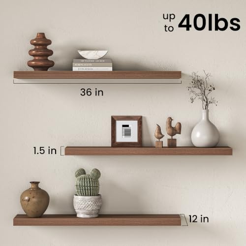 Image of Fun Memories Floating Shelves for Wall, 3 Pack 36 Inch Long Floating Shelves, 36 x 12 Wooden Shelves for Wall, Large Storage Shelves, Hanging Shelves for Bathroom Bedroom Kitchen, Walnut