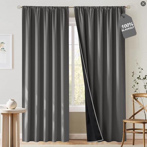 NICETOWN 100% Blackout Doorway 80 inch Curtains, Rod Pocket Room Darkening Privacy Window Treatment for Bedroom/Living Room, Grey, W52 x L80, 2 Panels