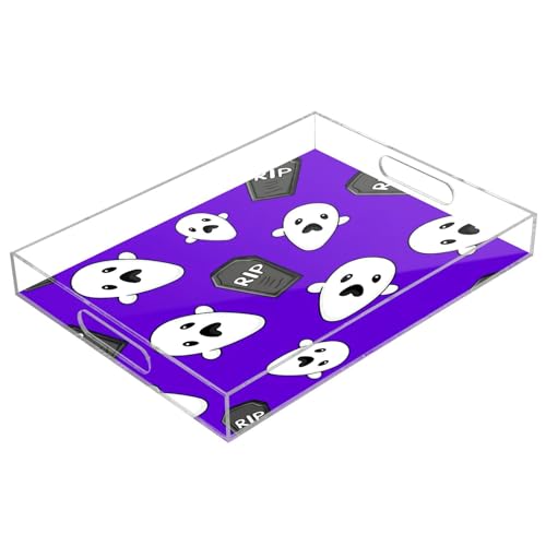 BOESI Cute Ghost and Tombstone Acrylic Decorative Dining Tray, Acrylic Decorative Tray Organizer with Handle for Kitchen, Dining Room, Bathroom, Dresser