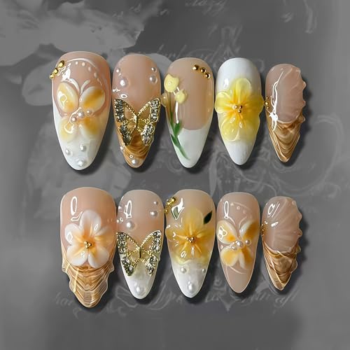 Flower Press on Nails Long Almond Fake Nails Spring Flower Pattern Gold Butterfly Pearl Rhinestone Design Stick on Nails Acrylic False Nail Reusable Manicure Decoration for Women Daily DIY 24 Pcs