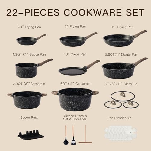 Image of USELUCK 22-Piece Ceramic Cookware Set with Utensils, Pots and Pans Set | PFAS-Free Non-Toxic Healthy Cooking Set, Even Heating, Easy to Clean, Induction Compatible, Black