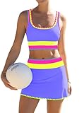 popvil High Waisted Bikini Sets for Women Tummy Control Swimsuits 3 Piece Bathing Suits Neon Swimwear with Skirt 2026 Purple Large