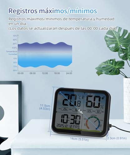 Miniatura 8 de 5,8 Termómetro Higrómetro Digital Interior,Calibración,Máx Mín,Reloj