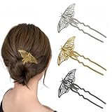 FRDTLUTHW 3PCS Vintage French Butterfly Twist Hair Pins for Women,U Shaped Updo Gold Metal Hair Sticks for Thin Thick Hair,2 Long Prong Chignon Black Silver Hair Forks for Bun,Bridal Wedding Hairpins
