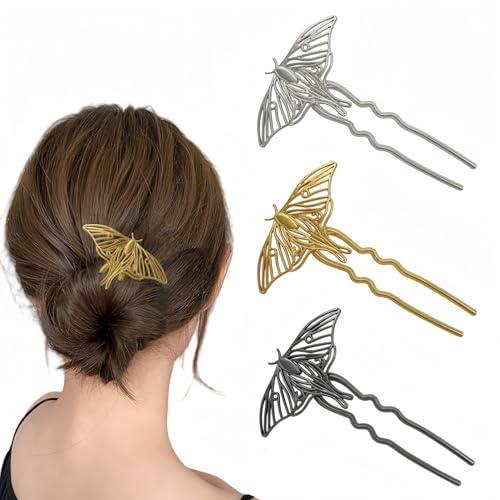 FRDTLUTHW 3PCS Vintage French Butterfly Twist Hair Pins for Women,U Shaped Updo Gold Metal Hair Sticks for Thin Thick Hair,2 Long Prong Chignon Black Silver Hair Forks for Bun,Bridal Wedding Hairpins