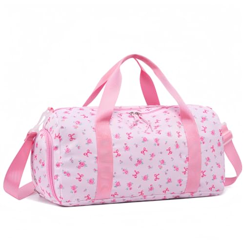 CAMTOP Kids Duffel Overnight Bag Boys Girls Toddler Weekender Carry-On Personalized Tote for Travel Gym Sport (Pink Flower Bow)