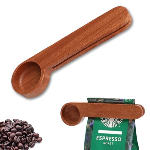2-in-1 Wooden Coffee Scoop with Bag Clip - Multi-Functional Coffee Spoon Clip - Coffee Spoon Scoop and Bag Clip - Funny Kitchen Gift for Men & Women (Birthday, Housewarming)