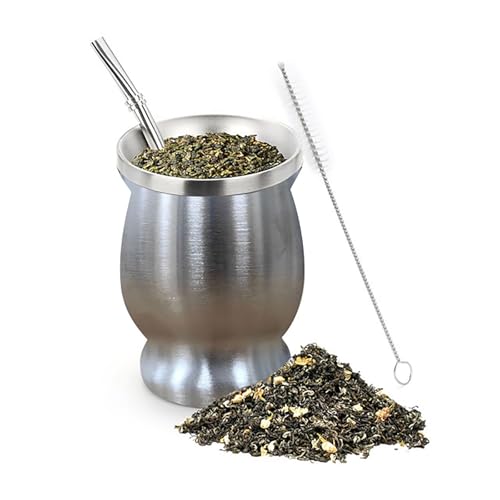 Taza de Yerba Mate de Acero Inoxidable, Juego de Calabaza de Yerba Mate de Doble Pared de 8oz con Paja y Cepillo, Juego de Taza de té de Calabaza Natural de Yerba Mate para Hombres y Mujeres