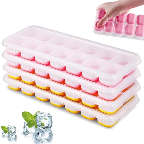 Eiswürfelform Silikon, 4er Pack Eiswürfelbehälter Mit Deckel, Quadratische Eiswürfelschalen, Stapelbar Eiswürfel Form, LFGB Zertifiziert und BPA Frei