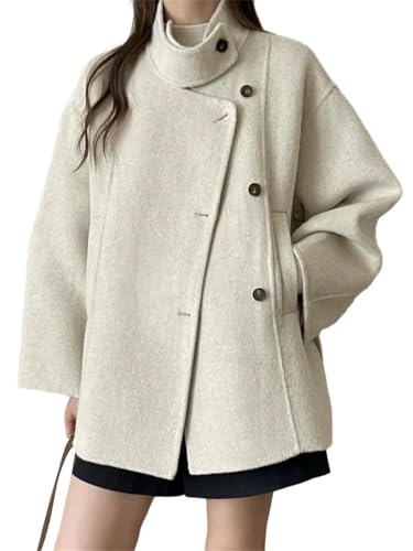Image of Womens High Collar Wool Blend Short Coat Asymmetrical Button Closure And Oversized Beige S