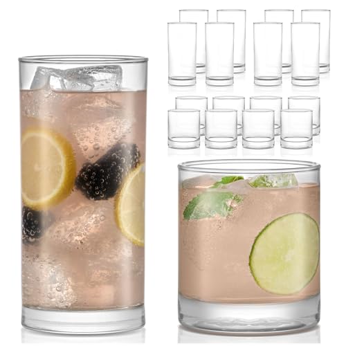 Libbey Province Tumbler and Rocks Glass Set, Elegant Drinkware Glasses Set, Tall Drinking Glasses with Modern Lines, Dishwasher Safe Drinking Glasses Set of 16