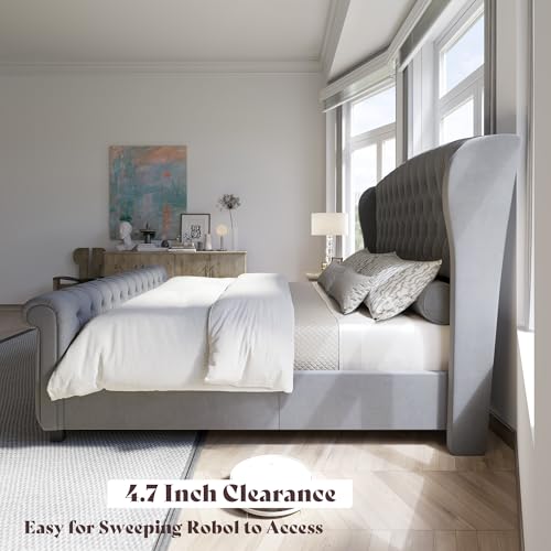 Image of AMERLIFE California King Size Platform Bed Frame, Velvet Upholstered Sleigh Bed with Scroll Wingback Headboard & Footboard /Button Tufted /No Box Spring Required /Grey