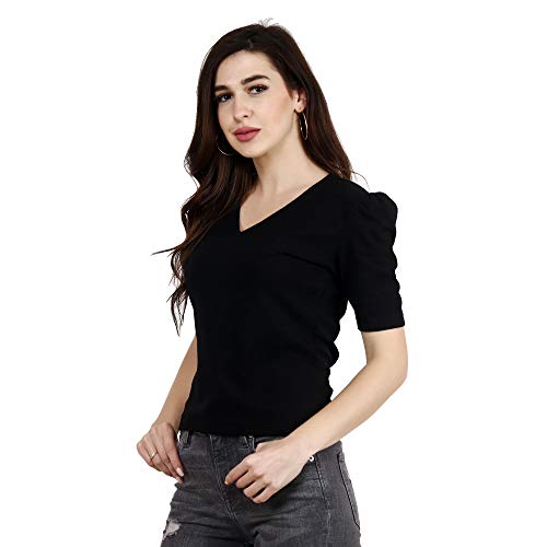 Image of POPWINGS Casual Solid Puff-Sleeves Crop Top for Women || V-Neck Crop Top for Women || Half-Sleeves Summer Crop Top for Women || Crop Tops for Women Fancy Crop Top for Women