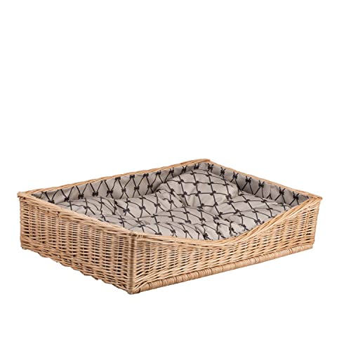 Panier en Osier pour Chien rectangulaire doublée avec Joli Coussin Beige imprimé Petits os marons (Beige)