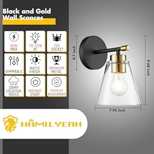 Hamilyeah black and gold wall sconces set of 2 bathroom sconces wall lighting fixture indoor with glass shade mordern black wall sconce lighting for kitchen hallway living room  urban country home decor
