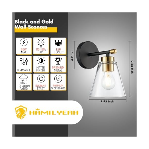 Hamilyeah black and gold wall sconces set of 2 bathroom sconces wall lighting fixture indoor with glass shade mordern black wall sconce lighting for kitchen hallway living room  urban country home decor