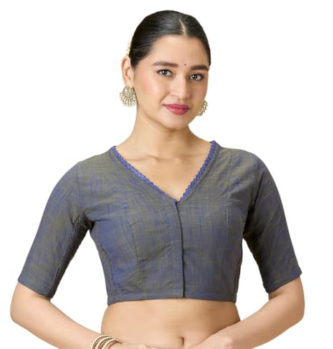 Image of Studio Shringaar Women's Handloom Cotton Side Stretchable (Smocked) Readymade Saree Blouse with Crochet Neckline