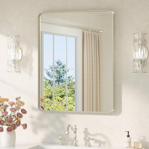 Image of TETOTE Brushed Nickel Mirror 24 x 30 Brushed Nickel Metal Framed Bathroom Mirror, Tempered Glass, Modern Farmhouse Wall Mounted Mirror for Decorative(Horizontal /Vertical)