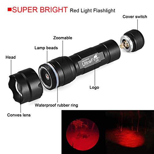 Ultrafire Wf-502R Zoomable Red Light Flashlight, Single Mode, Xp-E2 Led 630Nm, Hunting Lights With Clip, Adjustable Focus Emergency Flashlights #TOP1