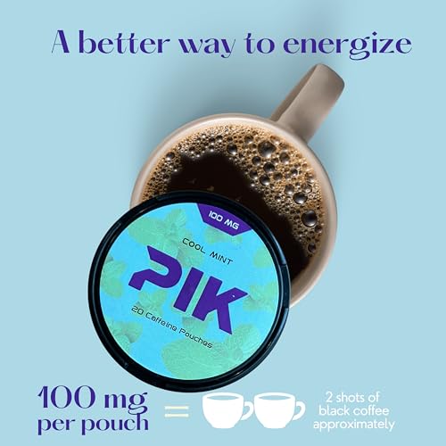 Image of PIK Caffeine Pouches - Cool Mint Flavor | 20 Pouches -100mg Strength Each | Nicotine & Tobacco Free | Energy Boost & Workout Supplement | Coffee Addicts' Delight | Fresh & Minty