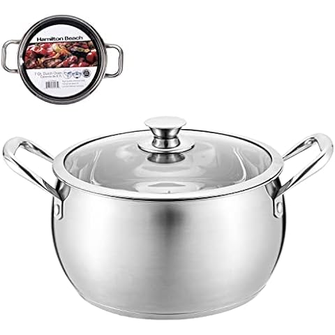 Hamilton Beach 7 Quart Edelstahl-Bauch-Design, Dutch Oven Topf mit Glasdeckel und genieteten Griffen Cover