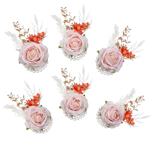 Meldel 6Pcs Pink Velvet Rose Wrist Corsages Wedding Prom Homecoming Bridal