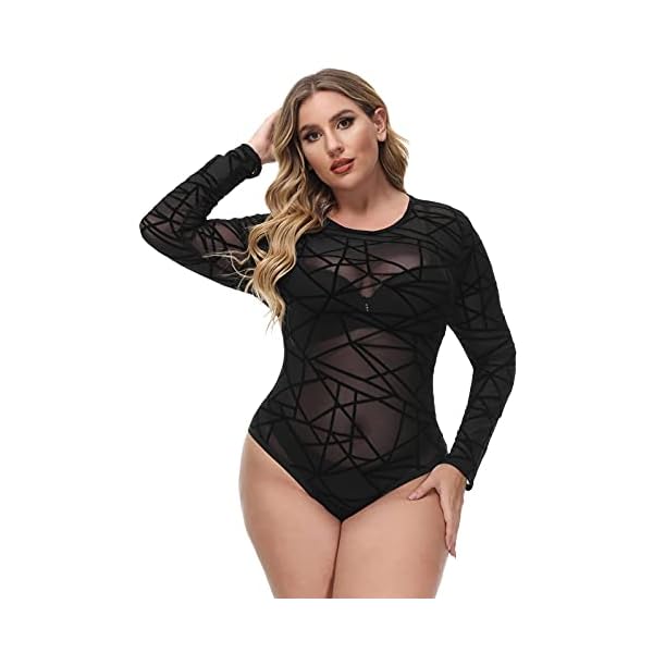 Hanna-Nikole-Womens-Plus-Size-See-Through-Bodysuit-Sheer-Long-Sleeve-Jumpsuit Hanna Nikole Women Plus Size Bodysuit Long Sleeve Leotard Top Basic Stretchy Jumpsuit 18W