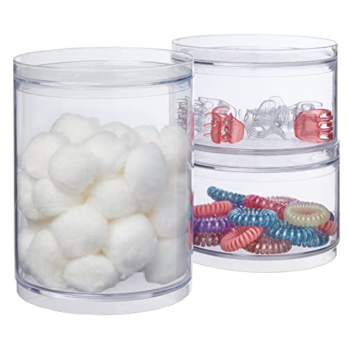 STORi Bella 3-piece Stackable Clear 2 Short and 1 Tall Plastic Container Set | Round Vanity Storage Organizers with Lids for Hair Accessories & Beauty Supplies | Made in USA