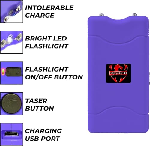 FIGHTSENSE Super Heavy Duty 35 Billion Mini Stun Gun for Self Defense with Bright Led Flashlight, Rechargeable Battery, Nylon Holsters with Belt Loop for Easy Cary (Purple)
