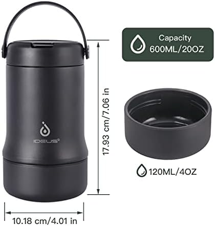 IDEUS Vacuum Insulated Food Container, 600ml (20oz) Stainless Steel Double Walled Soup Flask Leakproof Food Jar w/ Foldable Spoon (Storm Black)
