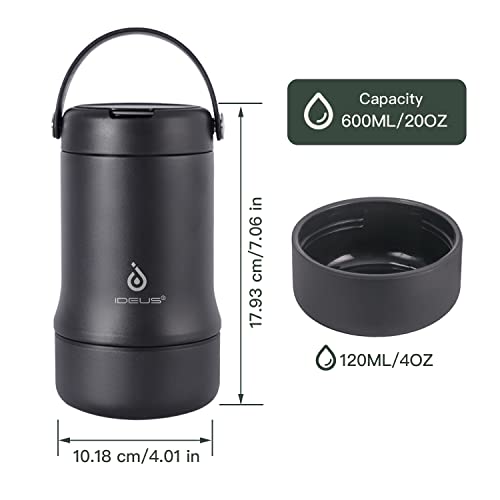 Ideus 20 Oz Insulated Food Jar, Stainless Steel Vacuum Thermal Lunch Box Soup Thermoses With Folding Spoon, Leakproof Food Container For School Office Picnic Travel Camping, Black #TOP4