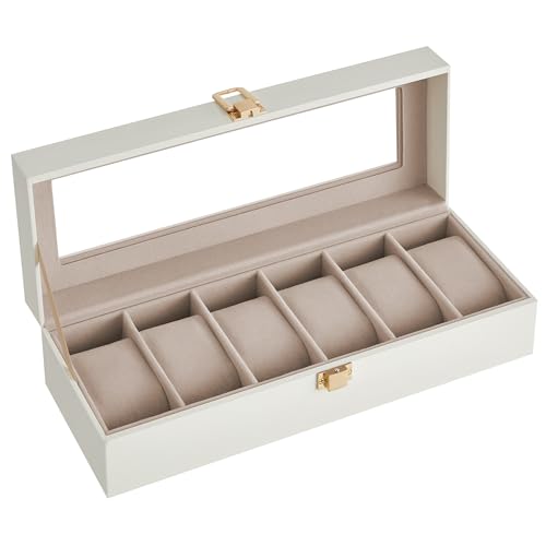 SONGMICS Uhrenbox mit 6 Fächern, Uhrenbox, Schatulle, Deckel aus Glas, abnehmbare Polster, Schloss aus Metall, Beschichtung in Wolkenweiß und Futter in Cappuccino-Beige, JWB006W01
