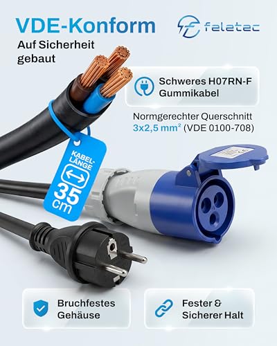 feletec CEE Adapter Schuko Stecker auf CEE Kupplung, 35cm Camping Kabel, IP44 Camping Verlängerungskabel, H07RN-F 3G2… – Ansicht 3
