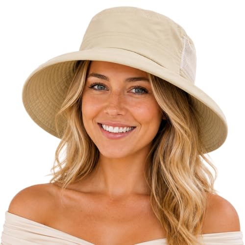 Image of TOP-EX ChicPony Women's Wide Brim Bucket Sun Hat with Ponytail Hole UPF 50 Summer Packable Sunhat for Travel Beach Outdoor