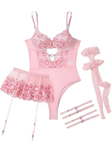 Image of Lilosy Sexy Lingerie Set 3 Piece Women Corset Bodysuit Skirt | Rhinestone Heart Stocking Garter Plus Size Underwire Mesh Sheer Lace Push Up Babydoll Halloween Christmas Valentine's Bridal