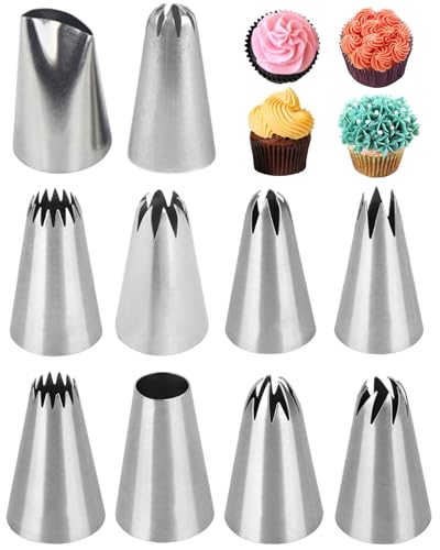 WINXMIN Set di 10 Beccucci per Sac a Poche Professionali Riutilizzabile,Per Decorare Cupcakes, Torte, Zeppole, Biscotti, Churros e Pasticceria con Bocchette Decorative Inox Prodotte in Corea