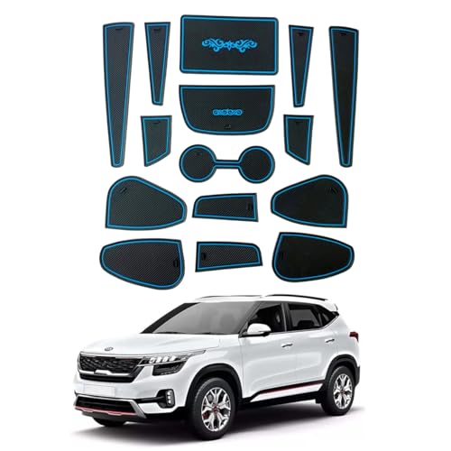 Image of Car Drome | Door Cup Bottle Mat Set for Kia Seltos 2019 to 2022 | Premium Non Slip Rubber Inserts | Custom Fit 15 Pieces | Blue Trim Interior Car Accessories | Dustproof Washable Car Styling