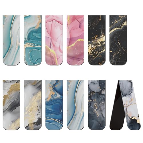 Uniclife 12 Pcs Magnetic Bookmark Bookmarks for Women Magnet Book Marks for Book Lovers Book Markers Clip for Readers Teachers Adults and Men 12 Unique Marble Patterns